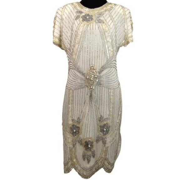 Lillie Rubin Dresses & Skirts - Vintage Lillie Rubin Silk Off White Beaded Dress Sz S Flapper Roaring 20s Retro
